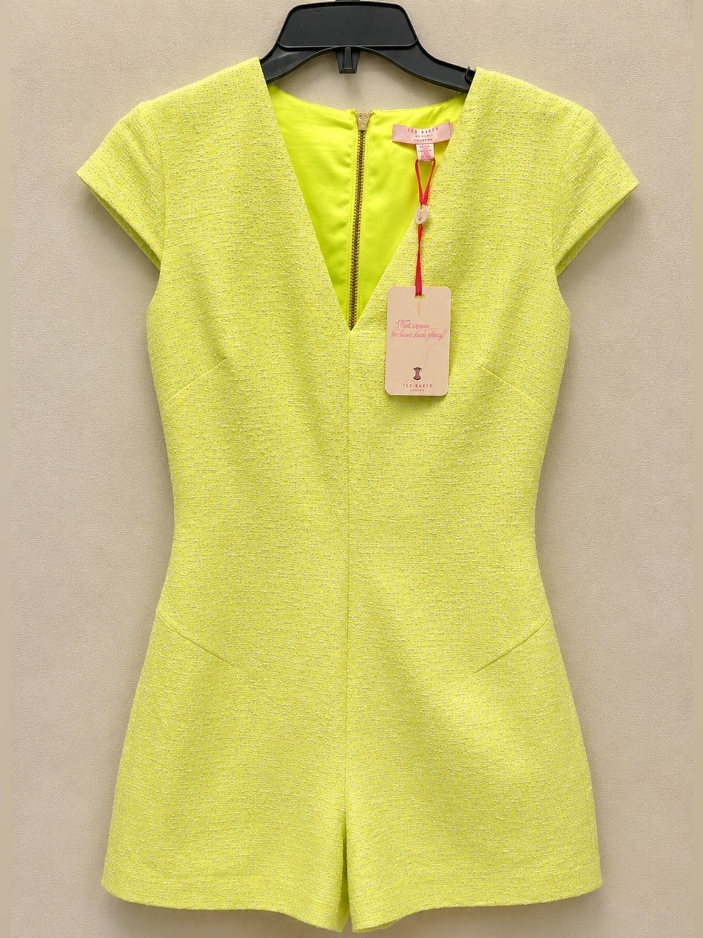 Ted Baker Neon Yellow Textured Romper Size 0 NWT V Neck Cap Sleeve Playsuit